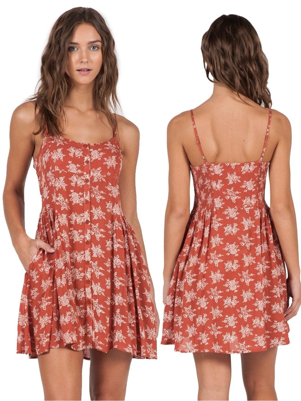 Volcom Stone | Pumpkin Orange Rust Floral Buttondown Sleeveless Mini Dress Large